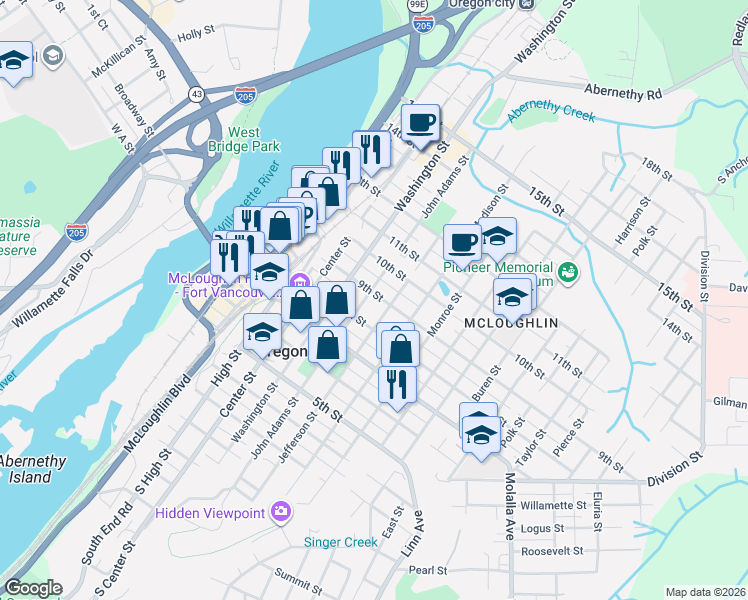 map of restaurants, bars, coffee shops, grocery stores, and more near 822 John Adams Street in Oregon City