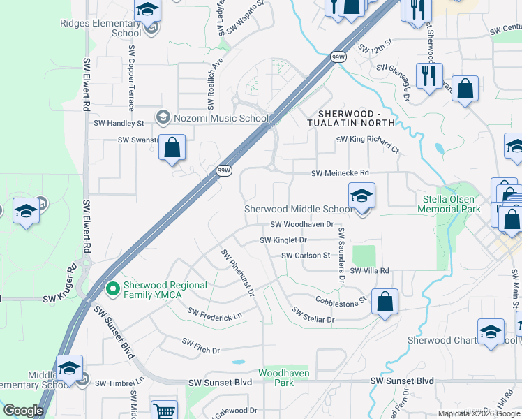 map of restaurants, bars, coffee shops, grocery stores, and more near 22504 Rickard Place in Sherwood
