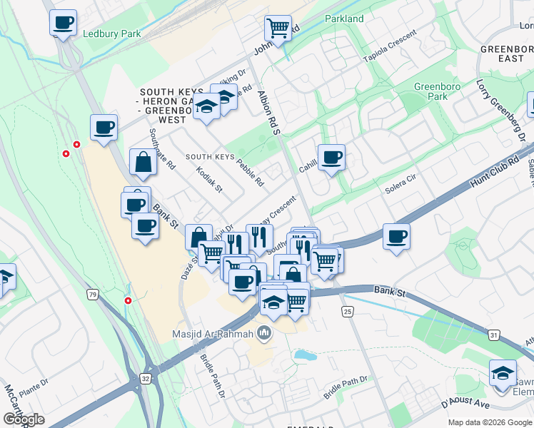 map of restaurants, bars, coffee shops, grocery stores, and more near 1345 Fontenay Crescent in Ottawa