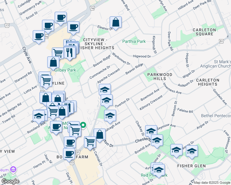map of restaurants, bars, coffee shops, grocery stores, and more near 1292 Meadowlands Drive East in Ottawa