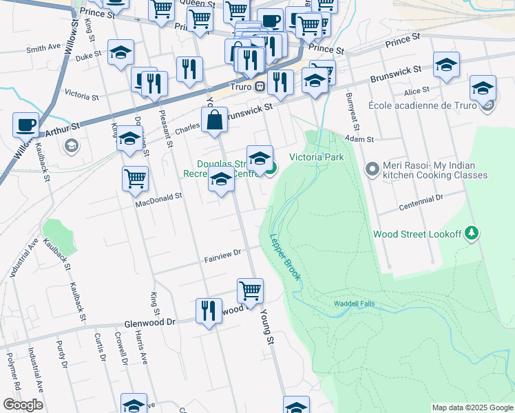 map of restaurants, bars, coffee shops, grocery stores, and more near 25 Cook Street in Truro