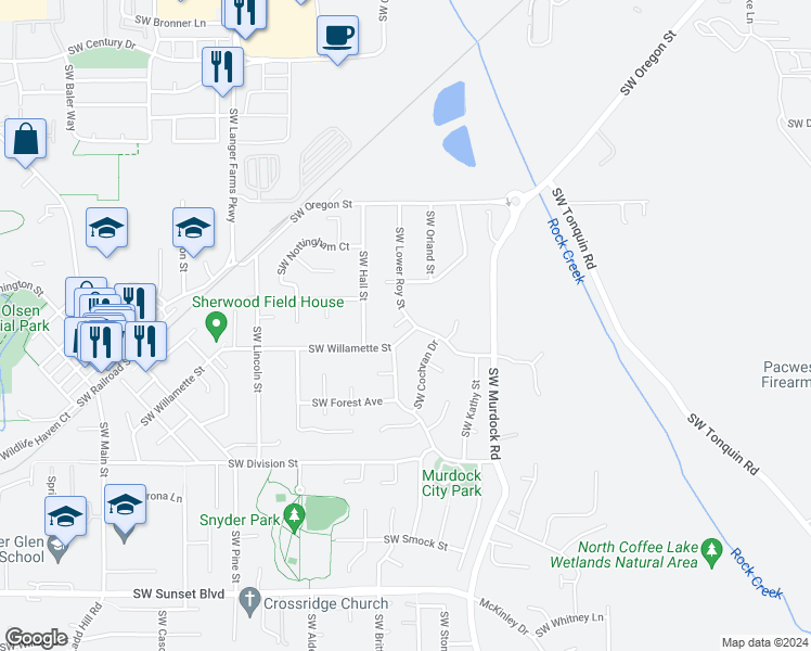 map of restaurants, bars, coffee shops, grocery stores, and more near 22483 Southwest Lower Roy Street in Sherwood