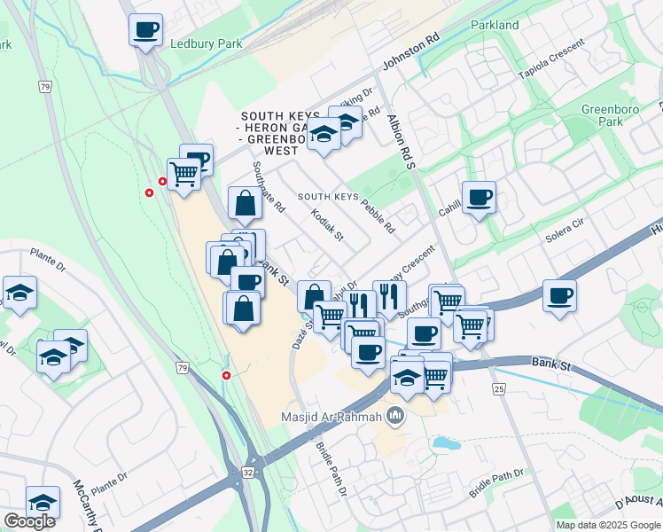 map of restaurants, bars, coffee shops, grocery stores, and more near 3372 Southgate Road in Ottawa