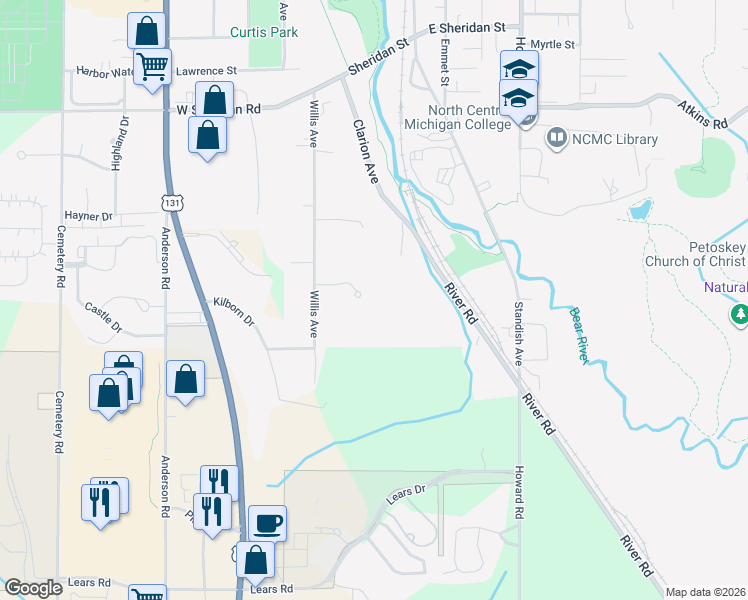 map of restaurants, bars, coffee shops, grocery stores, and more near 201 Lakewood Court in Petoskey
