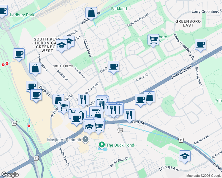 map of restaurants, bars, coffee shops, grocery stores, and more near 97 Royal Oak Court in Ottawa