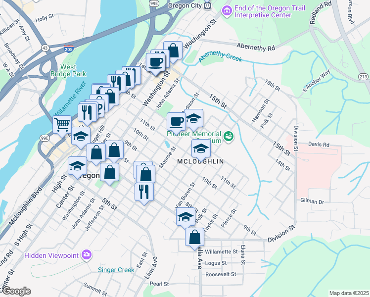 map of restaurants, bars, coffee shops, grocery stores, and more near 1103 John Quincy Adams Street in Oregon City