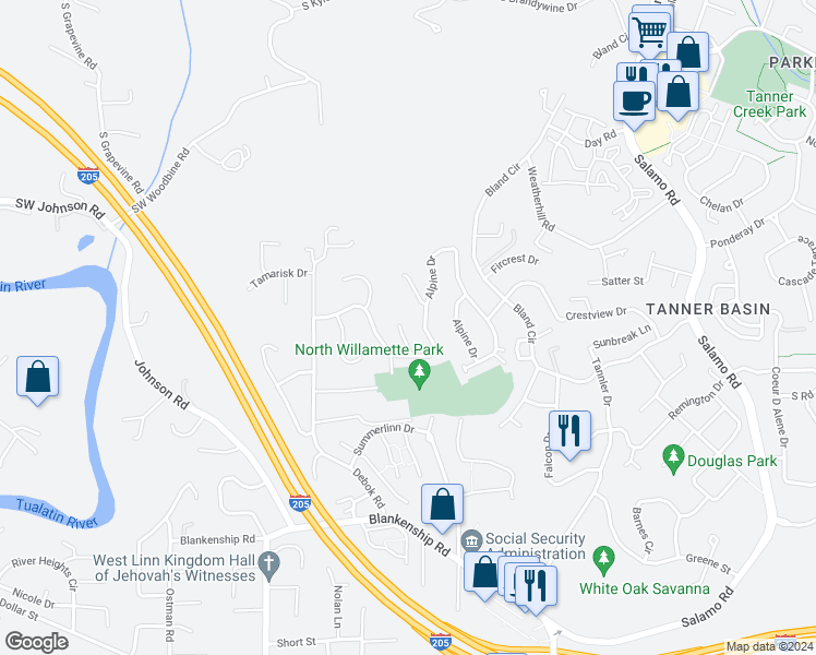 map of restaurants, bars, coffee shops, grocery stores, and more near 2439 Tipperary Court in West Linn