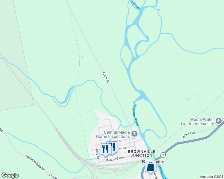 map of restaurants, bars, coffee shops, grocery stores, and more near 84 Front Street in Brownville
