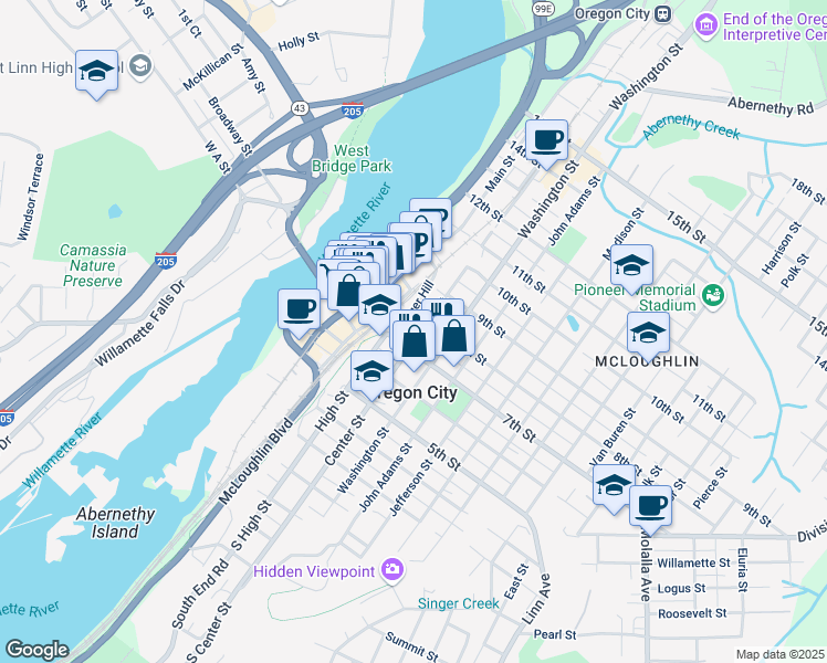 map of restaurants, bars, coffee shops, grocery stores, and more near 713 Center Street in Oregon City