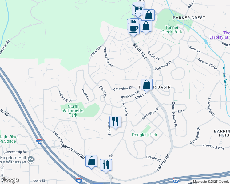 map of restaurants, bars, coffee shops, grocery stores, and more near 23075 Bland Circle in West Linn