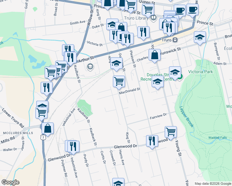 map of restaurants, bars, coffee shops, grocery stores, and more near 65 Macdonald Street in Truro