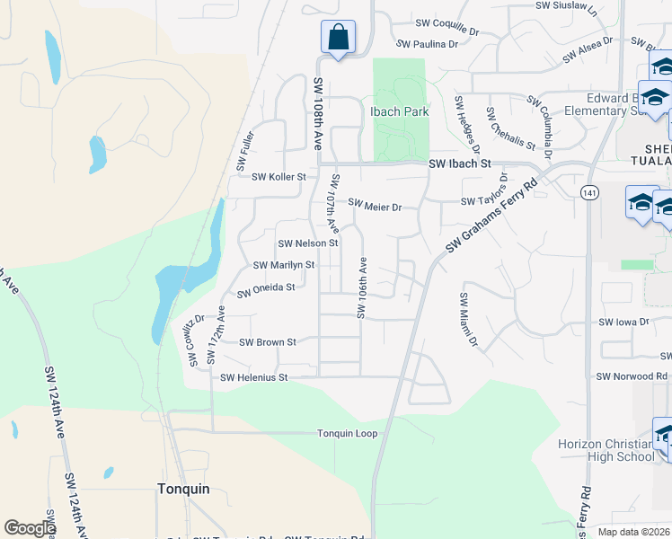 map of restaurants, bars, coffee shops, grocery stores, and more near 22497 Southwest 107th Avenue in Tualatin