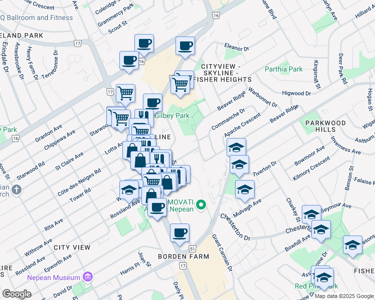 map of restaurants, bars, coffee shops, grocery stores, and more near 29 Capilano Drive in Ottawa