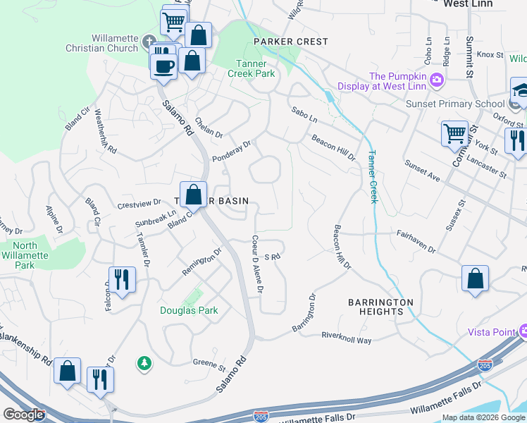 map of restaurants, bars, coffee shops, grocery stores, and more near 3365 Coeur D Alene Drive in West Linn
