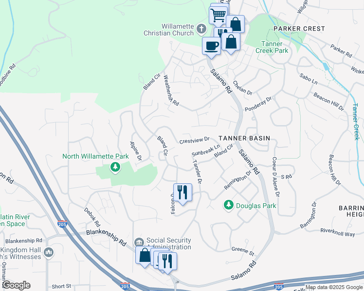 map of restaurants, bars, coffee shops, grocery stores, and more near 23075 Bland Circle in West Linn