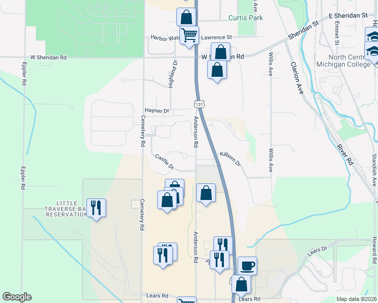 map of restaurants, bars, coffee shops, grocery stores, and more near 1522-1565 Parmenter Ct in Petoskey