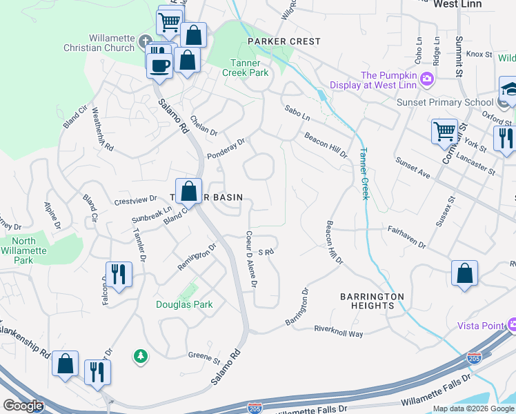 map of restaurants, bars, coffee shops, grocery stores, and more near 3365 Coeur D Alene Drive in West Linn