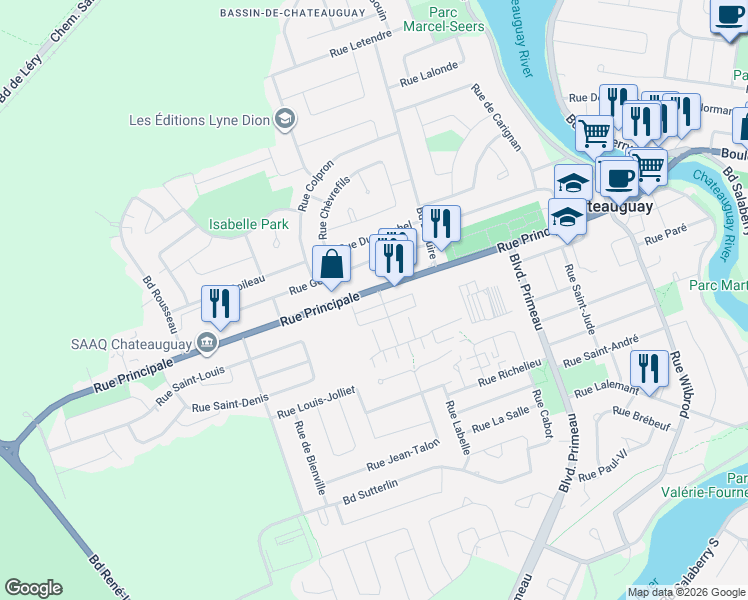 map of restaurants, bars, coffee shops, grocery stores, and more near 131 Rue Principale in Châteauguay