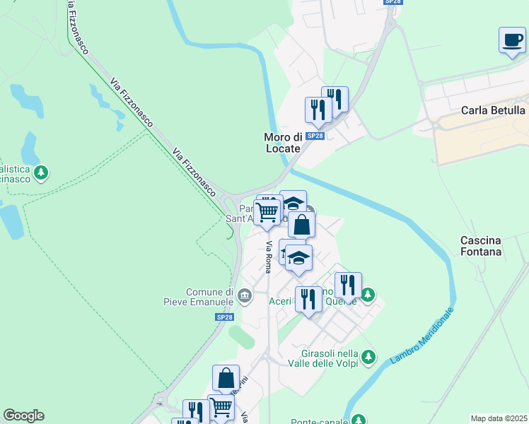 map of restaurants, bars, coffee shops, grocery stores, and more near 11/a Via Roma in Pieve Emanuele