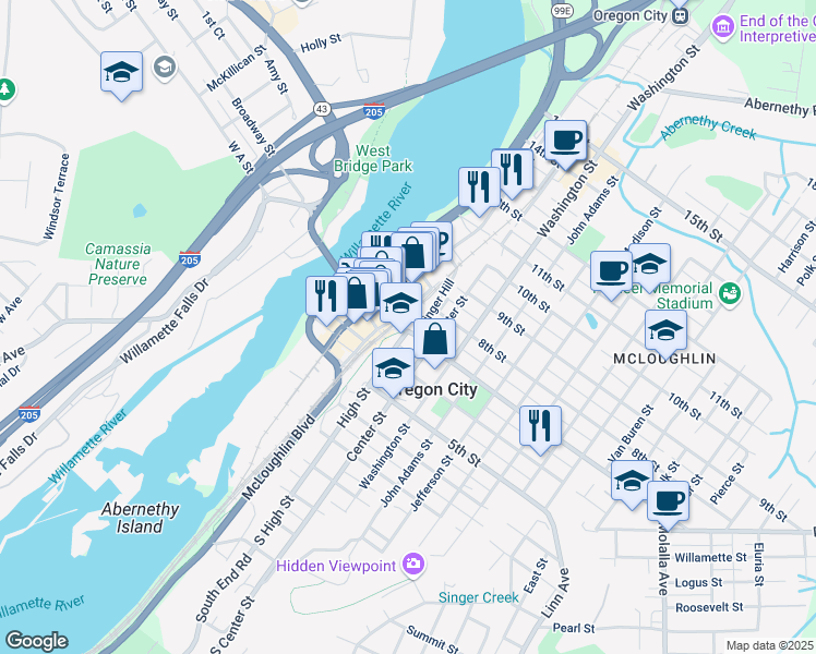 map of restaurants, bars, coffee shops, grocery stores, and more near in Oregon City
