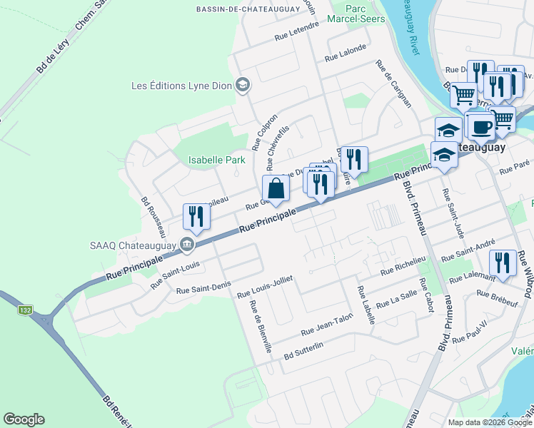 map of restaurants, bars, coffee shops, grocery stores, and more near 154 Rue Principale in Châteauguay