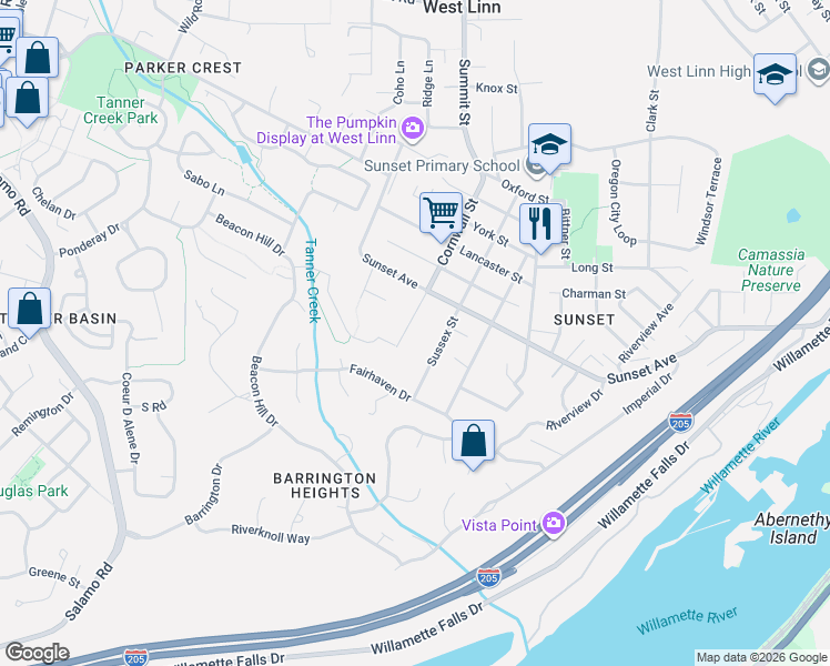 map of restaurants, bars, coffee shops, grocery stores, and more near 4147 Cornwall Street in West Linn