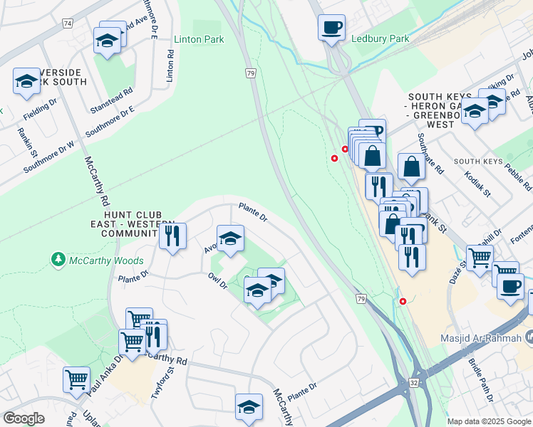 map of restaurants, bars, coffee shops, grocery stores, and more near 1047 Plante Drive in Ottawa