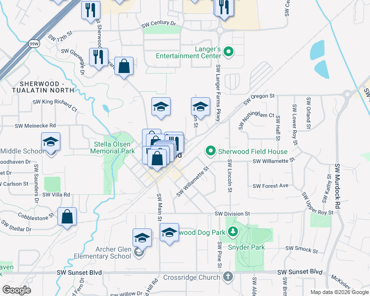 map of restaurants, bars, coffee shops, grocery stores, and more near 15690 Southwest Oregon Street in Sherwood