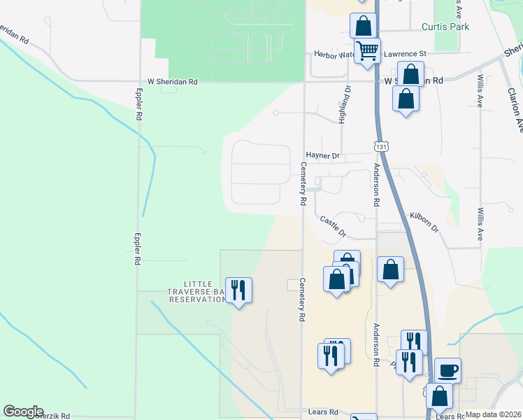 map of restaurants, bars, coffee shops, grocery stores, and more near 258 Skyview Street in Petoskey