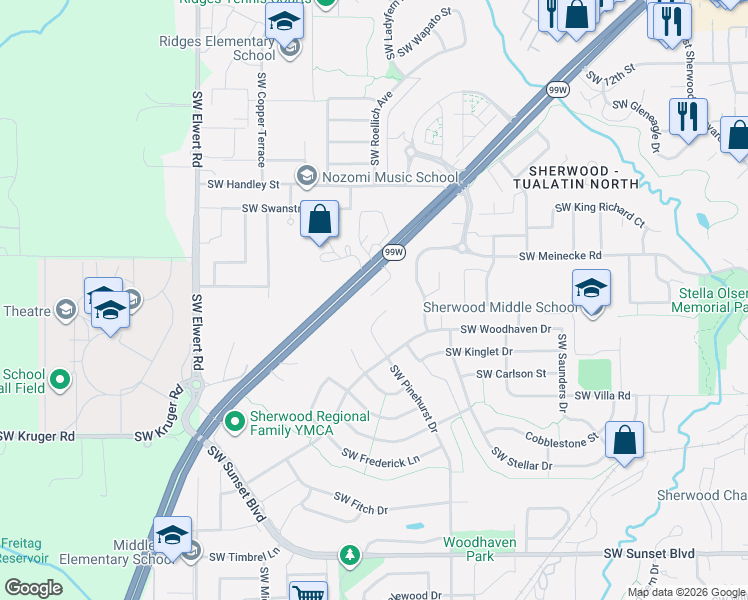 map of restaurants, bars, coffee shops, grocery stores, and more near 22430 Southwest Forest Creek Way in Sherwood