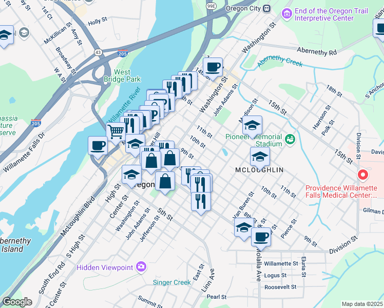 map of restaurants, bars, coffee shops, grocery stores, and more near 818 John Adams Street in Oregon City