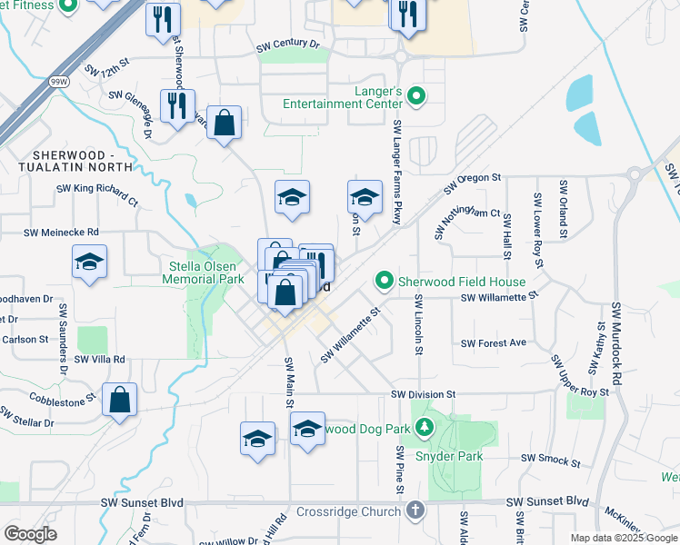 map of restaurants, bars, coffee shops, grocery stores, and more near 22560 Southwest Pine Street in Sherwood