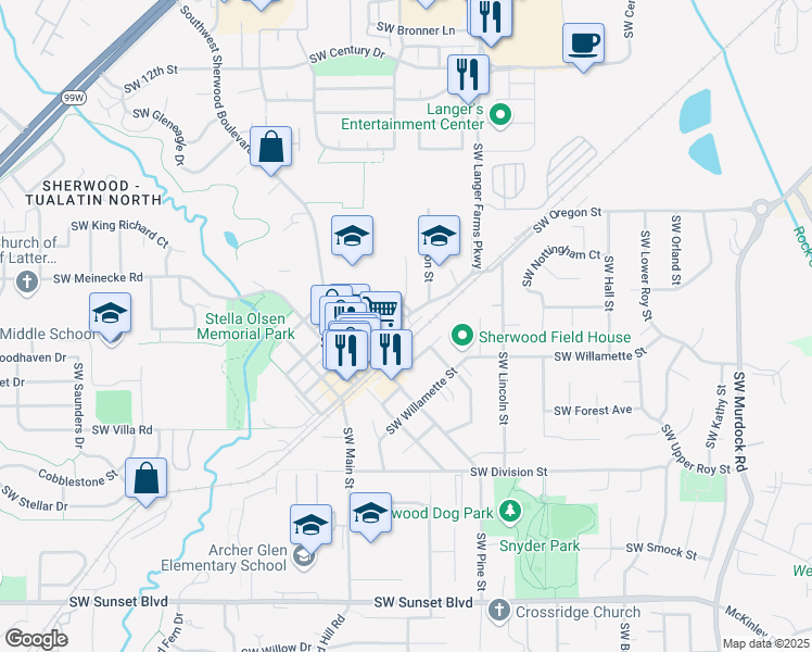 map of restaurants, bars, coffee shops, grocery stores, and more near 22560 Southwest Pine Street in Sherwood