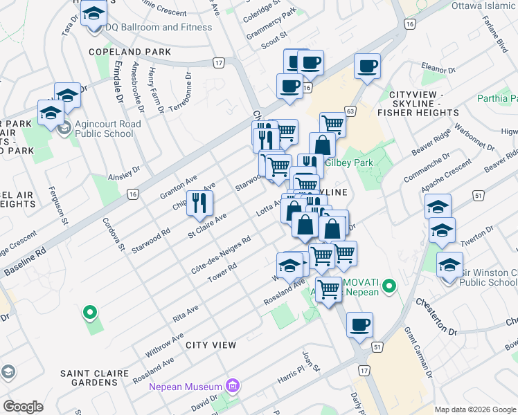 map of restaurants, bars, coffee shops, grocery stores, and more near 17 Lotta Avenue in Ottawa