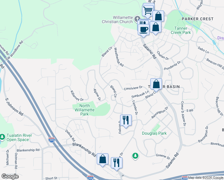 map of restaurants, bars, coffee shops, grocery stores, and more near 23060 Bland Circle in West Linn