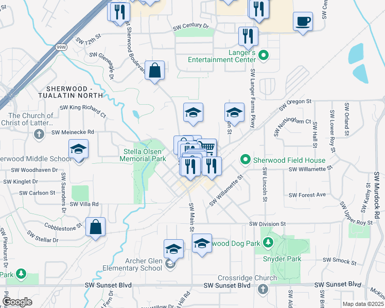 map of restaurants, bars, coffee shops, grocery stores, and more near in Sherwood