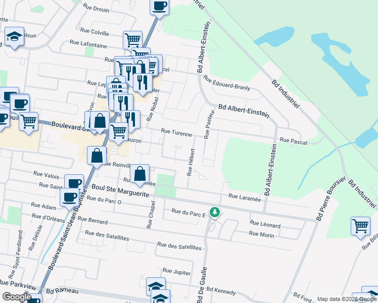 map of restaurants, bars, coffee shops, grocery stores, and more near 117 Rue Hébert in Châteauguay