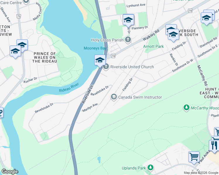 map of restaurants, bars, coffee shops, grocery stores, and more near 3550 Revelstoke Drive in Ottawa