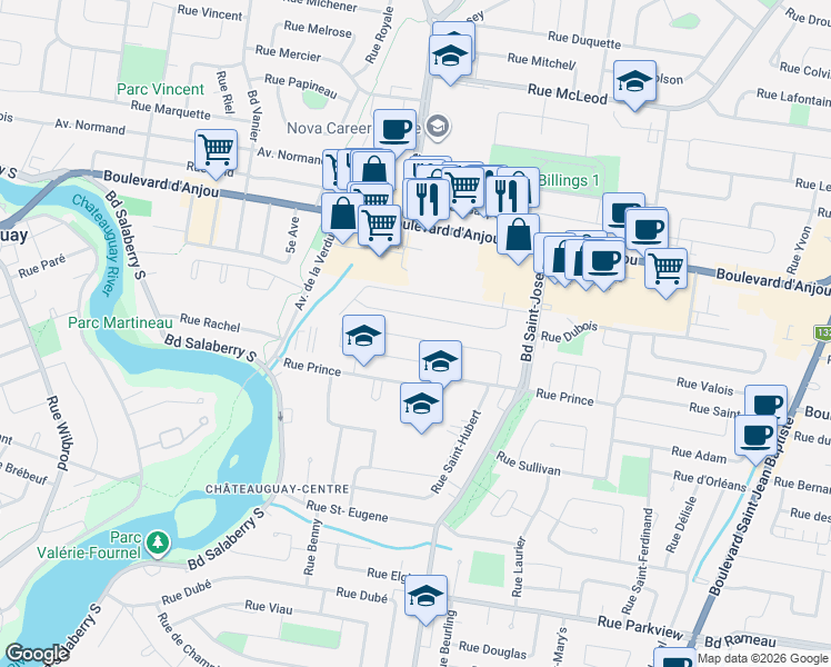 map of restaurants, bars, coffee shops, grocery stores, and more near 120 Rue de Liège in Châteauguay