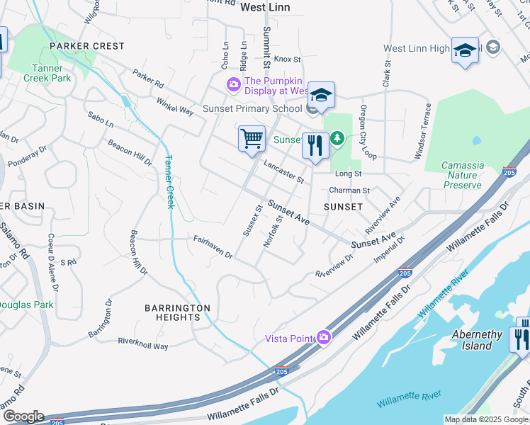 map of restaurants, bars, coffee shops, grocery stores, and more near 4225 Norfolk Street in West Linn