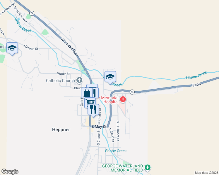 map of restaurants, bars, coffee shops, grocery stores, and more near 380 Barratt Boulevard in Heppner