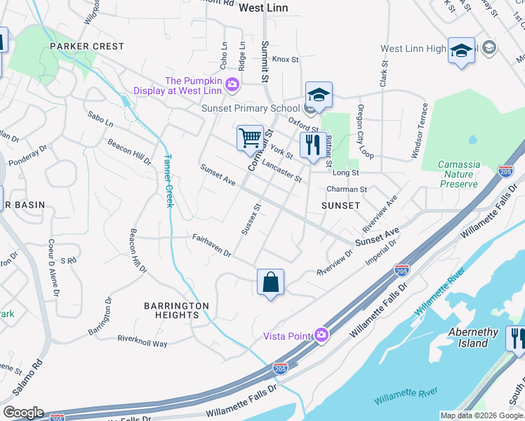 map of restaurants, bars, coffee shops, grocery stores, and more near 4225 Norfolk Street in West Linn