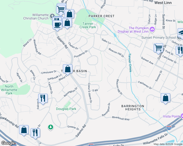 map of restaurants, bars, coffee shops, grocery stores, and more near 3365 Coeur D Alene Drive in West Linn