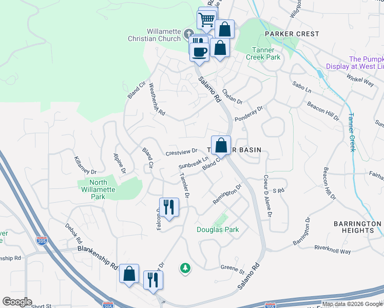 map of restaurants, bars, coffee shops, grocery stores, and more near 3062 Sunbreak Lane in West Linn