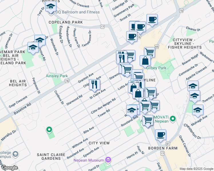 map of restaurants, bars, coffee shops, grocery stores, and more near in Ottawa