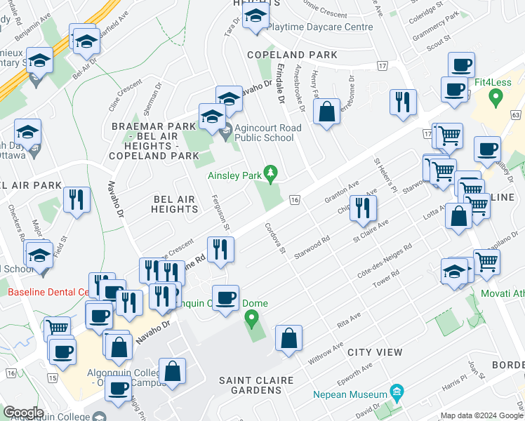 map of restaurants, bars, coffee shops, grocery stores, and more near in Ottawa