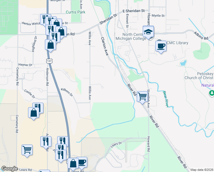 map of restaurants, bars, coffee shops, grocery stores, and more near 201 Lakewood Court in Petoskey