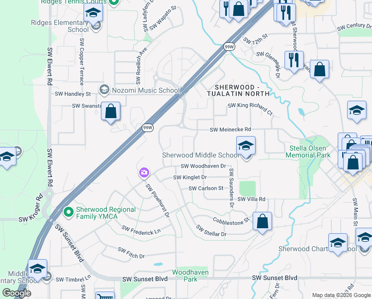 map of restaurants, bars, coffee shops, grocery stores, and more near 17436 Southwest Timber Crossing Lane in Sherwood