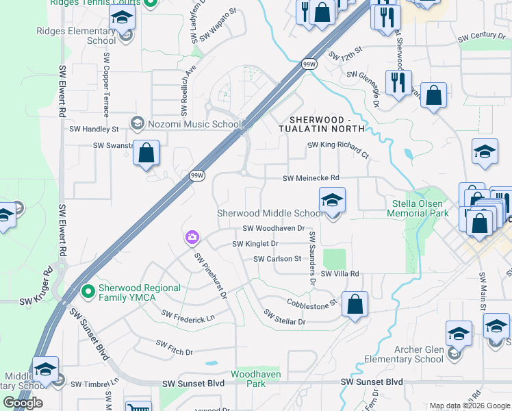 map of restaurants, bars, coffee shops, grocery stores, and more near 22421 Southwest Sequoia Terrace in Sherwood