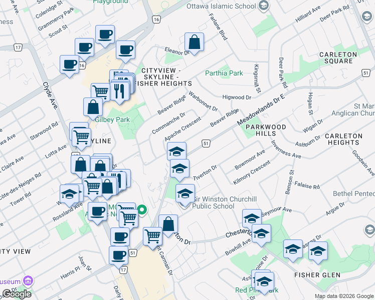 map of restaurants, bars, coffee shops, grocery stores, and more near 1299 Meadowlands Drive East in Ottawa